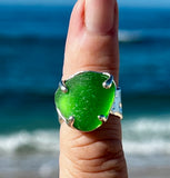gorgeous green genuine sea glass with textured wide band ring