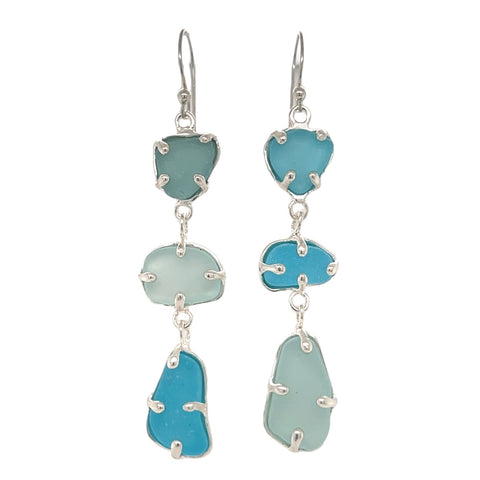 sea of blues triple sea glass earrings