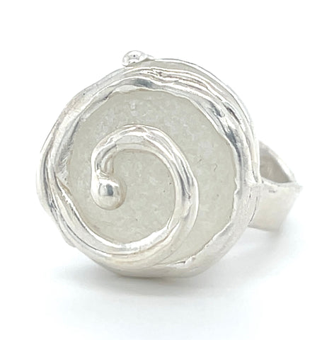 white genuine sea glass swirl wave ring
