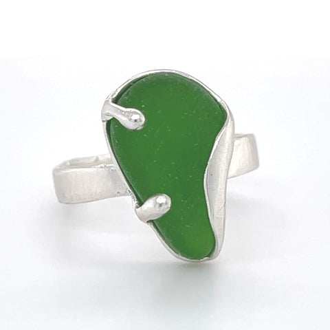 green wavy genuine sea glass two prong ring