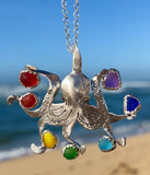 Rainbow octopus sea glass necklace