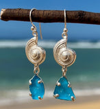 bright aqua genuine sea glass shell earrings