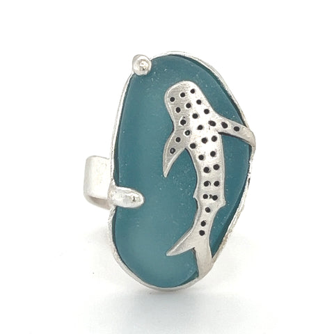 whale shark turquoise genuine sea glass ring