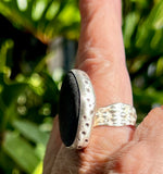 black genuine sea glass textured bezel ring