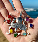 Rainbow octopus sea glass necklace