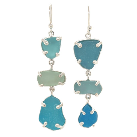 sea of blues triple sea glass earrings
