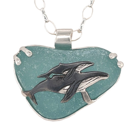 humpback mama + baby sea glass necklace