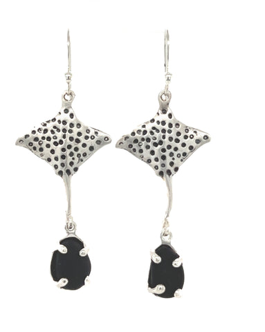 spotted eagle ray black sea glass earrings - tossed & found jewelry