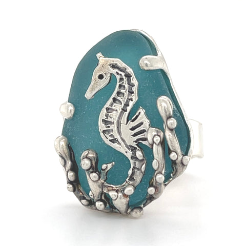 turquoise genuine sea glass sea horse ring