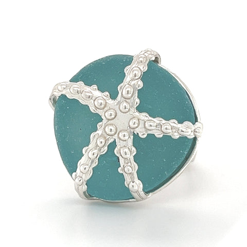 starfish teal blue genuine sea glass ring