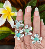 blooming plumeria sea glass rings
