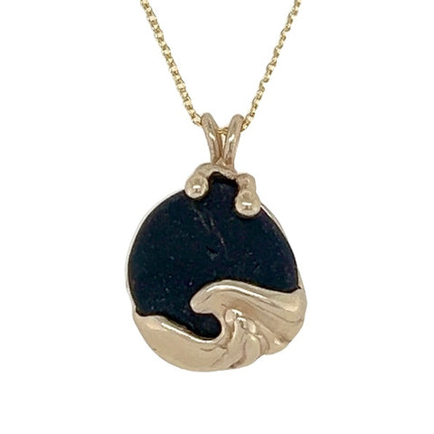 14k gold black genuine sea glass wave necklace