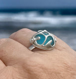 aqua genuine sea glass ocean wave bead ring