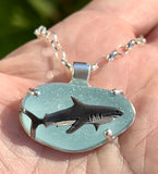 shark on sea foam blue sea glass necklace