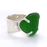 gorgeous green genuine sea glass with textured wide band ring