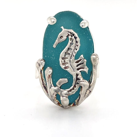 turquoise genuine sea glass sea horse ring