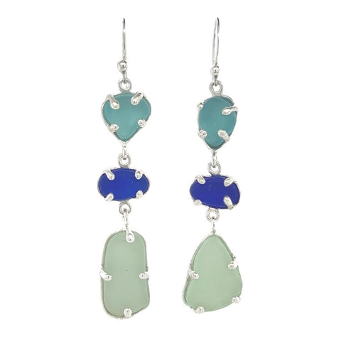 sea of blues triple sea glass earrings - tossed & found jewelry