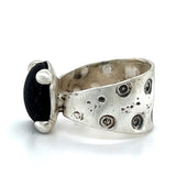 black genuine sea glass textured wide band prong ring