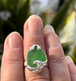 green ocean wave genuine sea glass ring