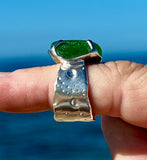 gorgeous green genuine sea glass with textured wide band ring