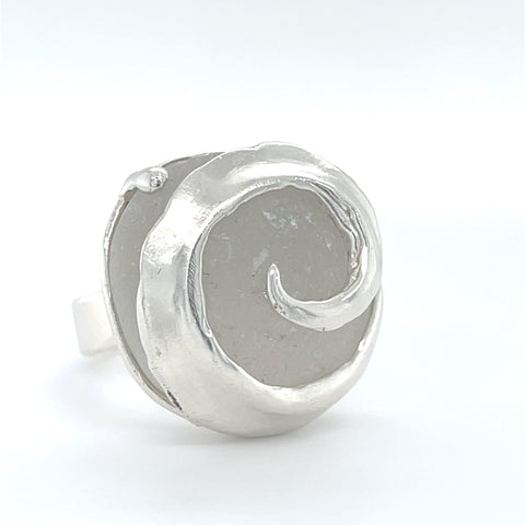 white genuine sea glass swirl wave ring