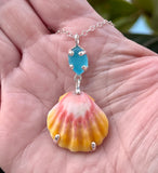 bright aqua sea glass and sunrise shell prong necklace