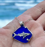 shark on ocean cobalt sea glass necklace