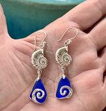 cobalt genuine sea glass shell earrings