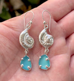 teal blue sea glass shell earrings