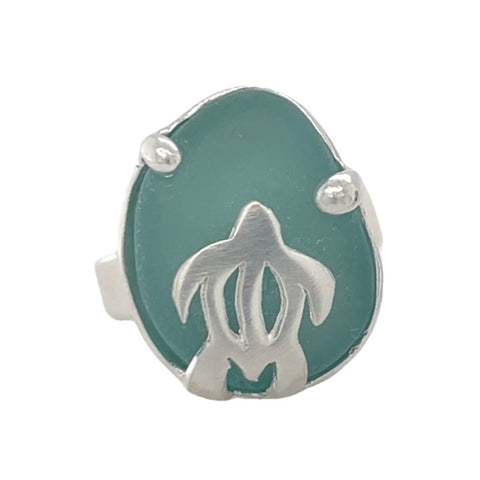 turtle teal blue genuine sea glass ring