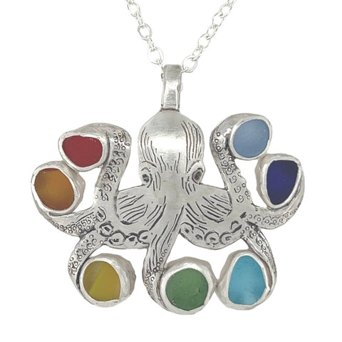 Rainbow octopus sea glass necklace