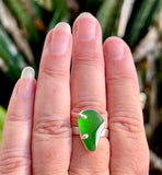 green wavy genuine sea glass two prong ring