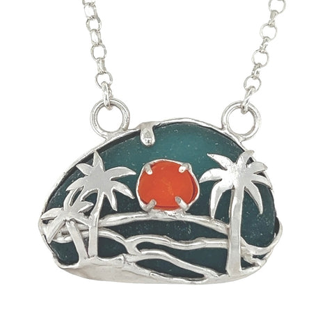 palm trees at sunset sea glass necklace