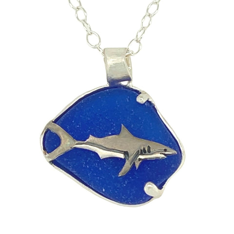 shark on ocean cobalt sea glass necklace