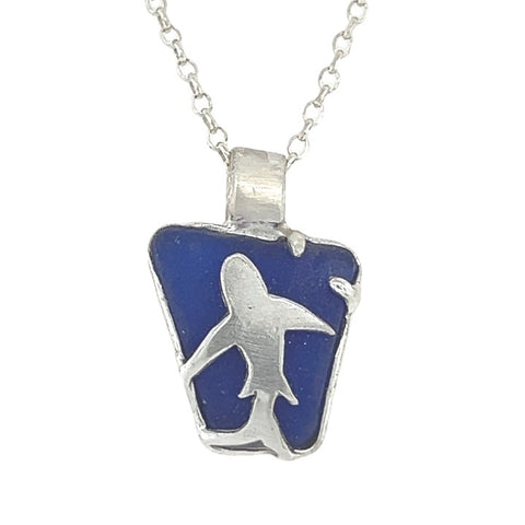 shark on cobalt sea glass necklace