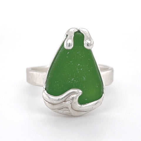 green ocean wave genuine sea glass ring