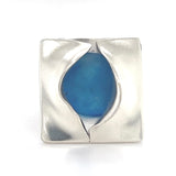 teal blue genuine Ohajiki sea glass wavy peekaboo ring