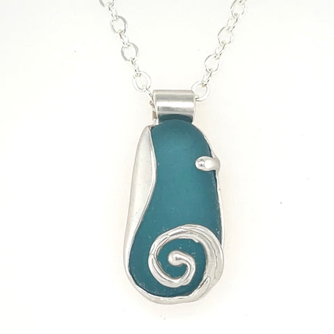 teal blue sea glass swirl necklace