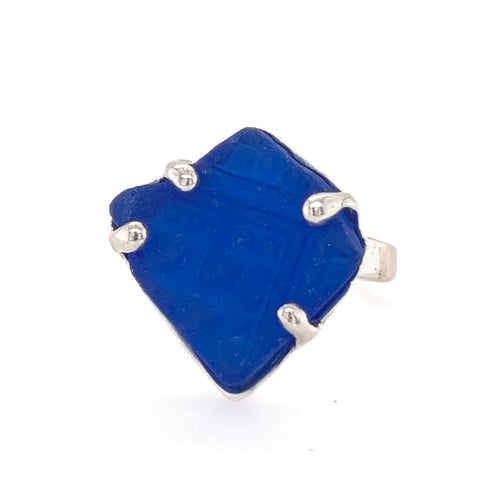 cobalt patterned genuine sea glass ring