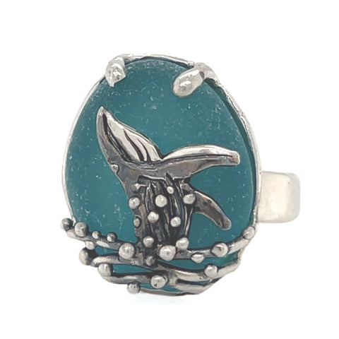 breaching humpback whale teal blue genuine sea glass ring