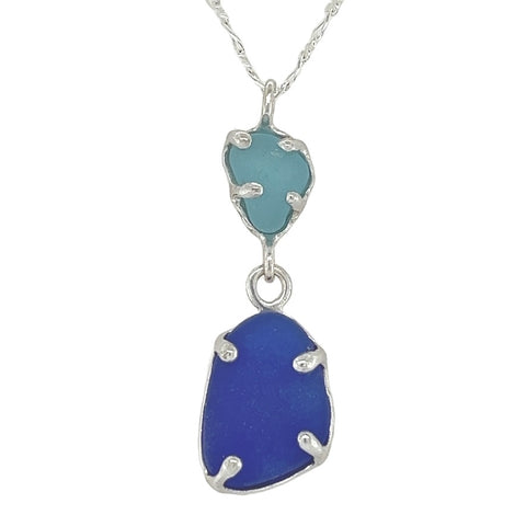 aqua + cobalt duo sea glass prong necklace