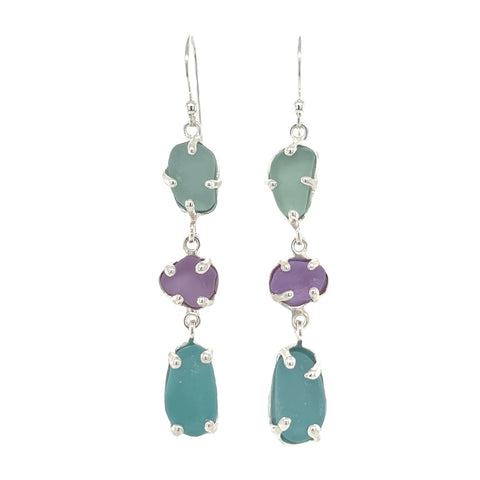 mix blues and purple triple sea glass earrings - tossed & found jewelry