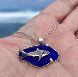 shark on ocean cobalt sea glass necklace