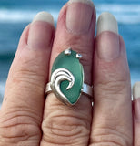 sage green genuine sea glass ocean side wave ring