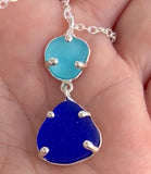 aqua + cobalt duo sea glass prong necklace