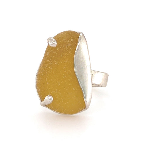 honey yellow wavy genuine sea glass ring