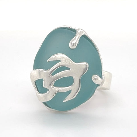 Hawaiian turtle turquoise genuine sea glass ring