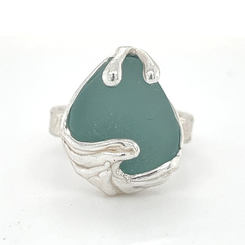 turquoise ocean wave genuine sea glass ring