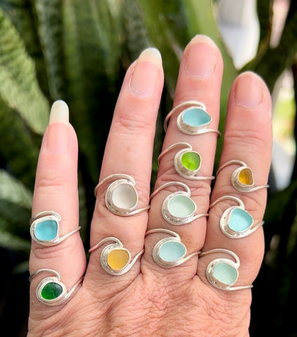 sea glass ocean wave bezel rings (multiple colors/sizes)