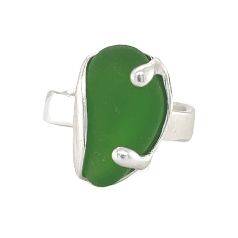 green wavy genuine sea glass two prong ring